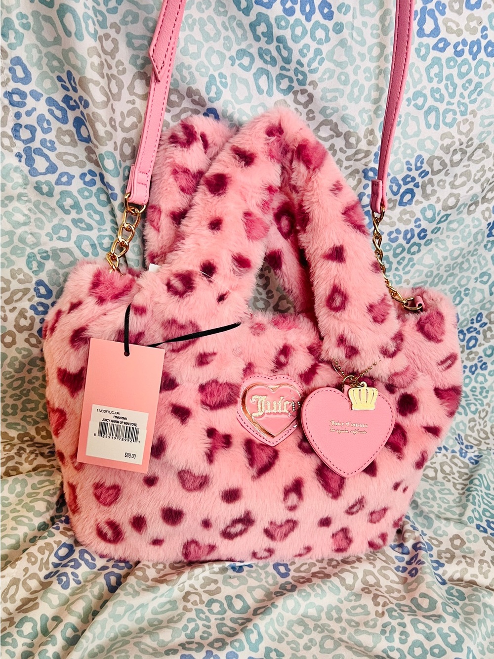 New Pink Juicy Couture Purse Fluffy Fur Satchel Bag Handbag Cheetah Crossbody